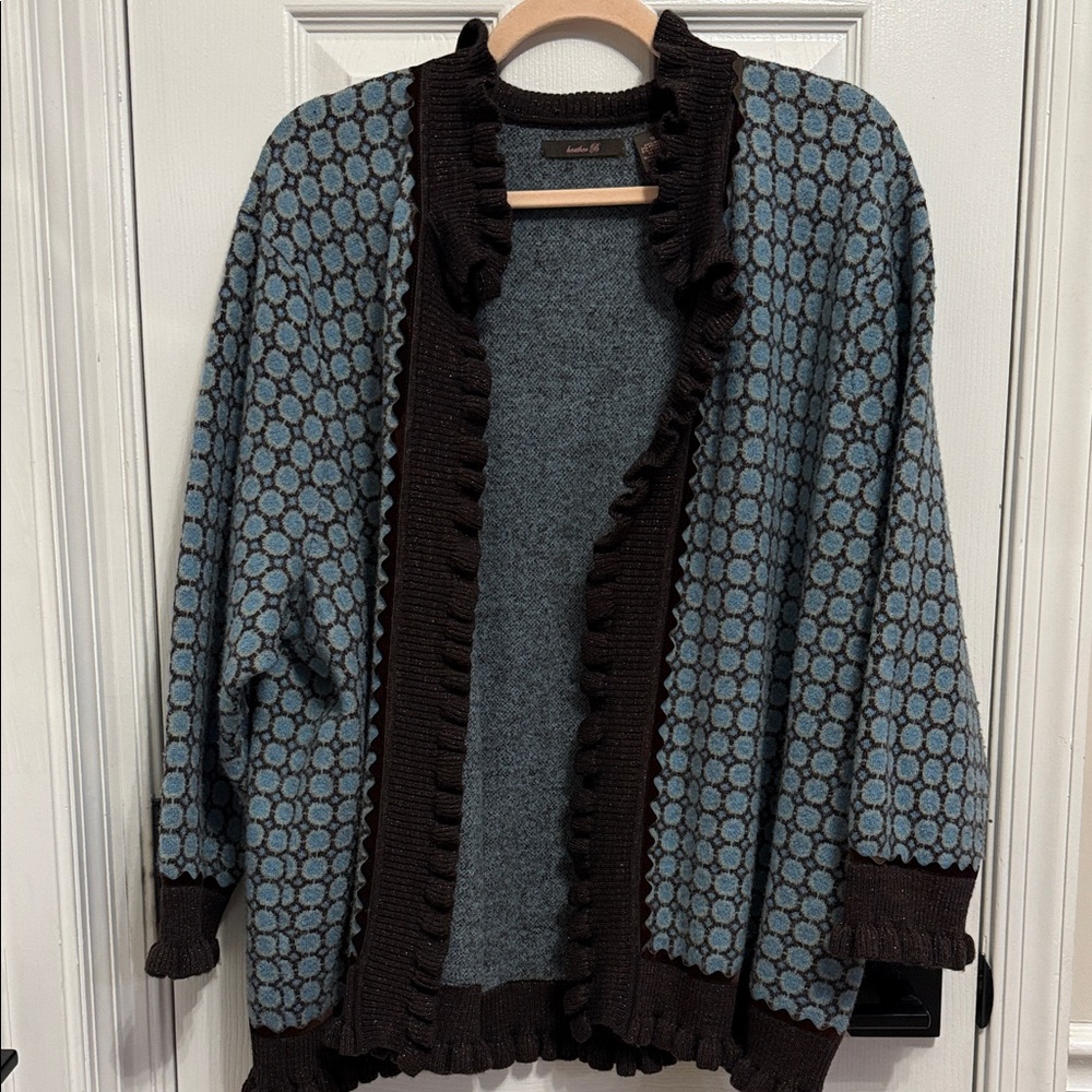 Heather B Blue and Brown Open Front Ruffle Cardigan Sz 1X